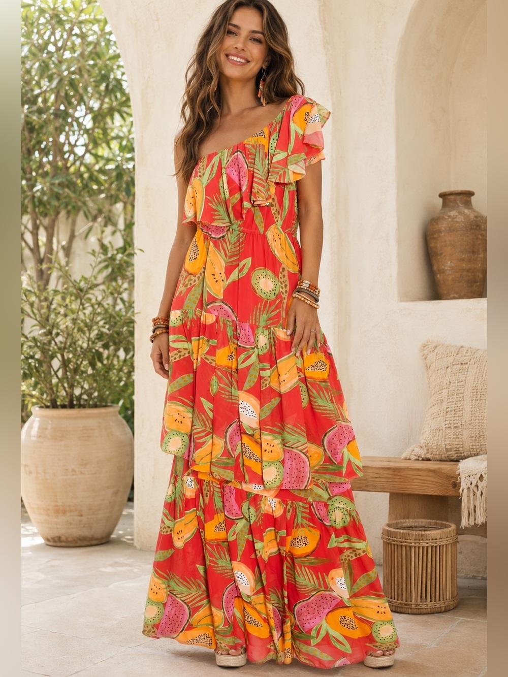 Farm Rio Papayas One-Shoulder Maxi Dress